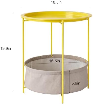 VECELO Round Side/End Table with Fabric Storage Basket，Metal Anti-Rust and Waterproof Small Bedside Nightstand with Removable Tray Top for Living Room，Balcony & Laundry，Yellow /2pcs with Basket - Image 3