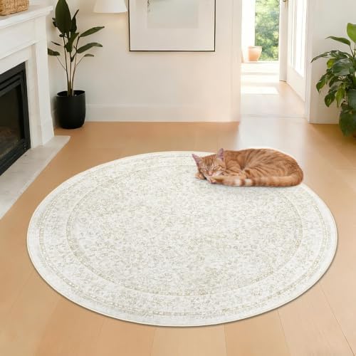 Round Rugs 4ft Vintage Floral Small Circle Rug, Washable Non Slip Soft Low Pile Stain Resistant Carpet for Living Room Bedroom Entryway Dining Room (FloralBeige, 4' Round) - Image 4