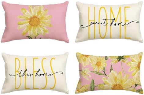 AVOIN colorlife Home Sweet Home Spring Summer Flowers Pink Throw Pillow Covers, 12 x 20 Inch White Cushion Case for Sofa Couch Set of 4 by AVOINcolorlife