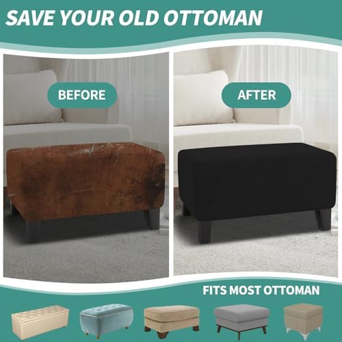 MAXIJIN Velvet Ottoman Cover Rectangular Stretch Square Ottoman Covers Slipcover Rectangle Washable Foot Stool Cover Thick Storage Protector with Elastic Bottom (Ottoman Large, Black) - Image 6