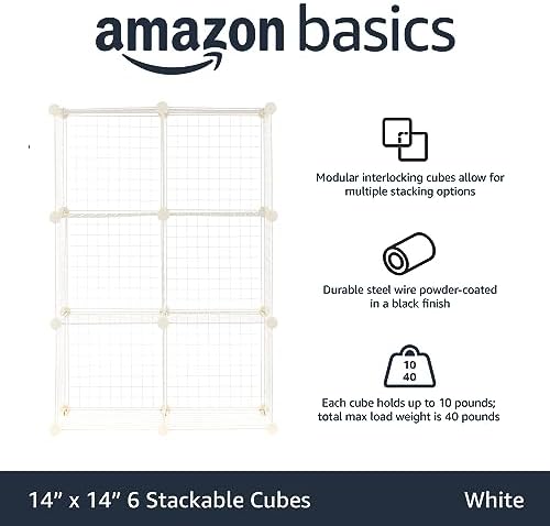 Amazon Basics 6 Cube Wire Grid Storage Organizer, Stackable Storage Cubes, Modular Closet Organizer Shelves, 14.6" D x 30.3" W x 44.8" H, White - Image 3