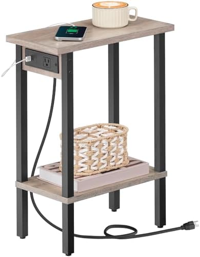 HOOBRO Narrow Side Table, 2-Tier Slim End Table with Charging Station, Skinny Nightstand with Open Storage, for Small Spaces, Living Room, Bedroom, Study, Greige and Black BG240UBZ01 by HOOBRO
