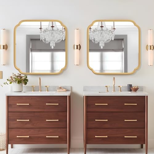 Ferytange Gold Bathroom Mirror for Wall 24" x 24" Modern Rounded Corner Square Mirror with Non-Rusting Iron Metal Framed Bathroom Vanity Mirror for Over Sink Wall Decor Horizontal/Vertical - Image 2