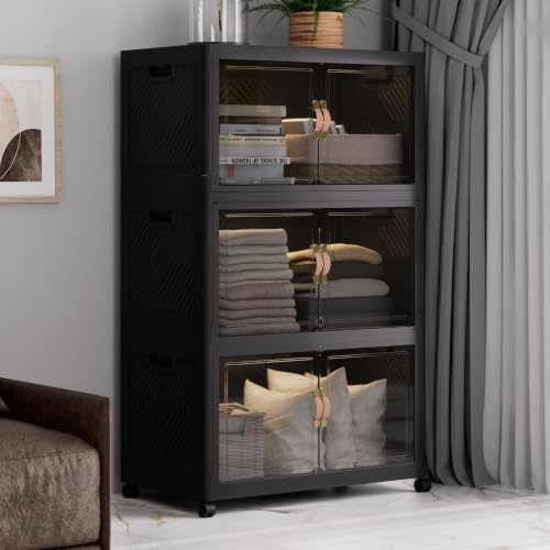 SAILUN 336QT Stackable Storage Bins with Lid, Storage Cabinet 3 Pack Black by SAILUN