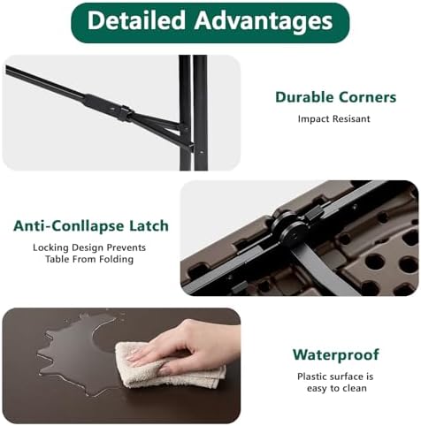 6FT Folding Table, Heavy Duty Plastic Fold-in-Half Utility Table with Handle, Portable Camping Picnic Table with Steel Legs for Indoor Outdoor Party, Dining, Brown,2 Pack - Image 6