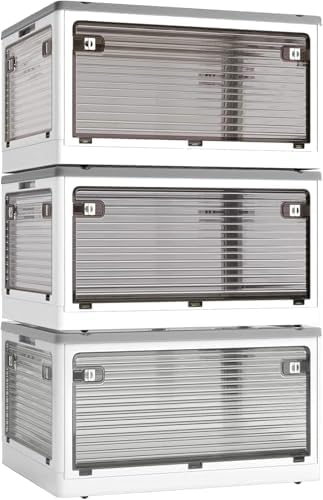 Stackable Storage Bins with Lids and Wheels, Foldable Storage Boxes Collapsible Storage Organizers for Home Organization, Storage Cabinets for Outdoor Camping, 3-Pack 50L, White by CearsoerOfficial