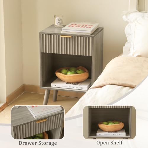 Fultyle Grey Fluted Nightstand, Modern Bedside Table with Drawer and Shelf - Image 5