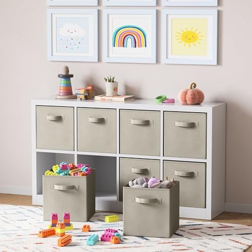 Set of 8 Foldable Fabric Storage Cube Bins | Collapsible Cloth Organizer Baskets Containers | Folding Nursery Closet Drawer | Features Dual Handles | More Beautiful Colors Available (Beige) - Image 5