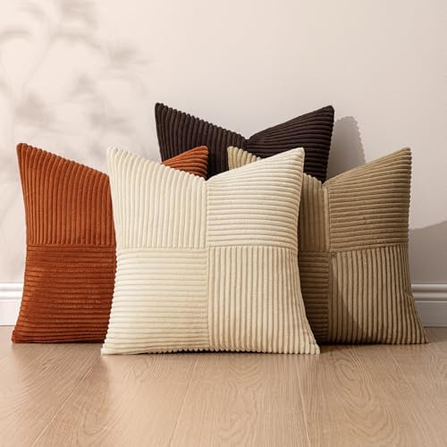 MIULEE Brown Beige Throw Pillow Covers 18x18 Inch Set of 4 Boho Farmhouse Cushion Cases for Livingroom Couch Bed Soft Corduroy Pillow Cases with Invisible Zipper Home Decor - Image 5