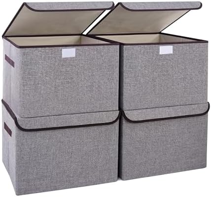Bagnizer Large 22 Quart Linen Fabric Foldable Storage Bin Cube Organizer Basket with Flip-Top Lid & Handles, Clothes Blanket Box for Home, Office, Closet, Gray, 4 Pack 14.6 x 9.5 x 9.5” by Bagnizer