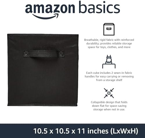 Amazon Basics Collapsible Fabric Storage Bins Organizer with Handles, Sturdy, Foldable, 10.5" x 10.5" x 11", Black, 6 Count (Pack of 5) - Image 2