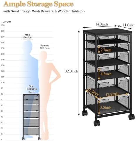 Sbanmao 6 Drawers Rolling Utility Cart, Rolling Storage Cart with Wooden Tabletop, Storage Drawer Cart on Lockable Wheels, Craft Cart for Bedroom, Classroom, Office, Black - Image 2