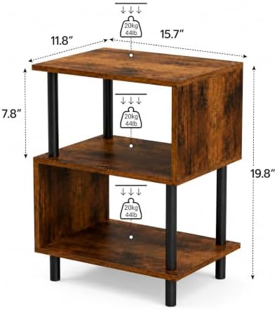 Frylr Side Table, Night Stand and End Table with Reinforced Metal Frame, 44 lb Capacity on Each Tier and Leveling Feet for Bedroom, Bedside, Living Room and Small Spaces, Rustic Brown - Image 2