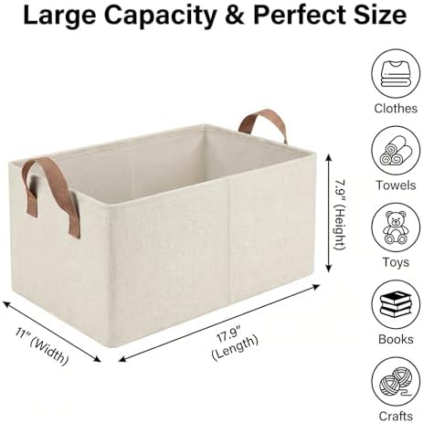 3 Pack Storage Bins Fabric Collapsible Organizers with Handles Sturdy Canvas with PP Board Beige Foldable Storage Box for Closet Shelves, Books, Toys, Clothes, Office Organization - Image 2