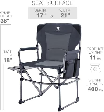 EVER ADVANCED Camping Directors' Chair with Side Table, Portable Folding Chair with Compact Size, Heavy Duty Lawn with Pocket for Camping, Lawn, Sports and Fishing, 400lbs, Grey - Image 3
