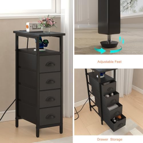 sthmec Side Table with Charging Station, Narrow End Table with 4 Drawers, Small Nightstands with Fabric Drawers,Slim Sofa Couch Side Tables for Small Spaces,Living Room,Bedroom, Black - Image 5