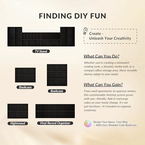 IOTXY DIY Modular Cubby Bookcase - Stackable 12-Cube Open Bookshelf, Black - Image 7