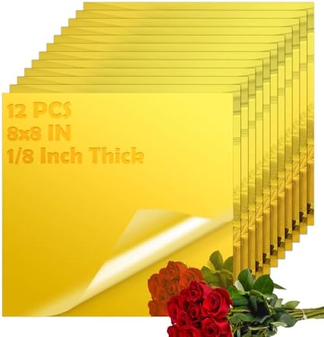 12 PCS 8x8 Inch Gold Acrylic Sheet 1/8 Thick Mirror Acrylic Sheet Gold Plastic Mirror Sheet 1/8 Mirror Squares for Wall for Crafts DIY, Home Decor by LOPYXBR