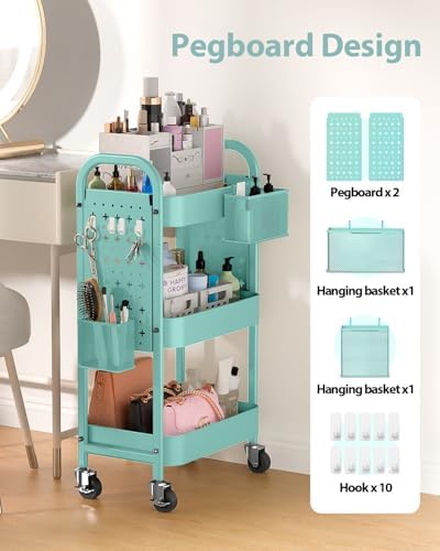 ALVOROG 3 Tier Metal Rolling Utility Cart with Pegboards,Baskets,Hooks,Blue - Image 2