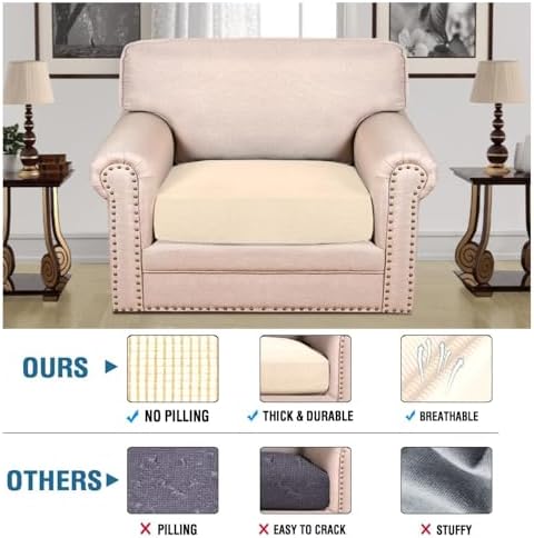 H.VERSAILTEX Super Stretch Individual Seat Cushion Covers Sofa Covers Couch Cushion Covers Slipcover Sets Thick Jacquard Textured Twill Fabric (1 Piece Chair Cushion Cover, Cream) - Image 2