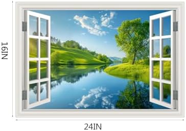 Fake Window Wall Decal- Lake Green Tree Grassland Open Wall Art Sticker | Faux Window Natural Scenery Landscape Mural｜ Stick and Peel Wall Decals｜for Room Bedroom Office Decor｜48"x32",Set of 2 Sheets - Image 2