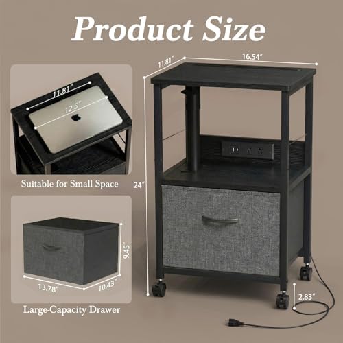 Faesun Swivel Lift Top Nightstand with Charging Station, Rolling Side Table for Recliner, Bedside Table with Wheels & a Fabric Drawer, for Small Spaces, for Bedroom, Living Room, Black Gray - Image 2