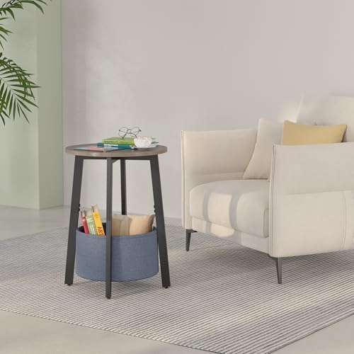 sthmec Small Round Side End Table with Cloth Storage Basket, Round Bedside Sofa Couch Coffee Tables for Small Places with Metal Frame, Modern Nighstands for Living Room Bedroom, Grey - Image 4
