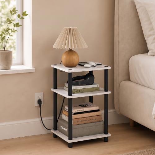 Furinno Just 3-Tier Night Stand with Charging Station, Light Marble - Image 2