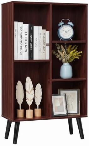 YAHARBO Small Walnut Narrow Bookshelf,5 Tier Modern Bookcase with Legs,Bookshelves Wood Storage Shelf,Rustic Book Shelves Cube Organizer,Display Bookcase by YAHARBO