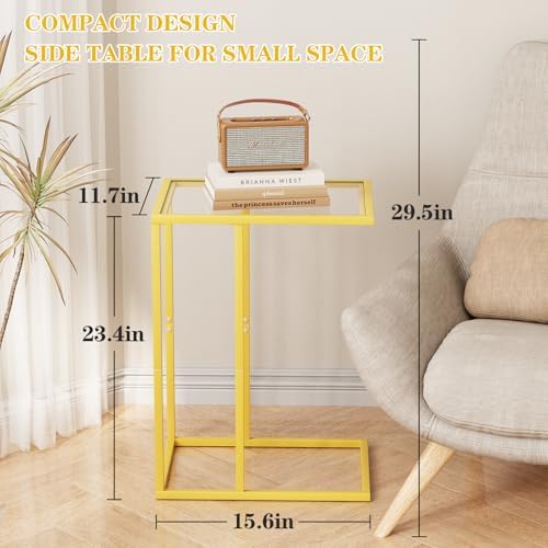 C Table Side End Table, Small C Shaped Table for Sofa,Glass Couch Sofa Tray Snack Table for Living Room, Bedroom,TV Tray Table for Small Space,Accent Coffee Table,Nightstand with Metal Frame(Yellow) - Image 3