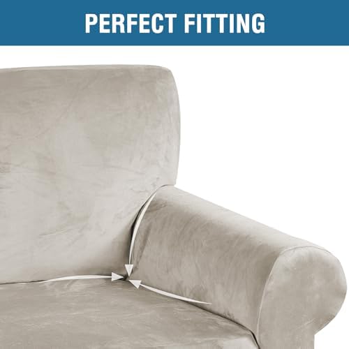 H.VERSAILTEX Stretch Velvet Loveseat Covers for 2 Cushion Couch Covers for Living Room Sofa Covers Slipcovers with Non Slip Straps Bottom, Ultra Thick Comfy Velour (Width 58"-72", Oatmeal) - Image 4