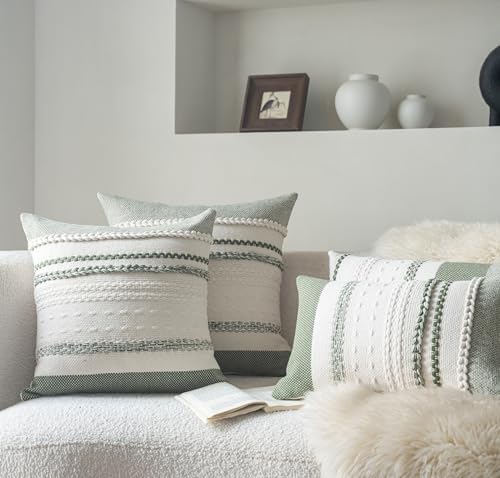Cethom Boho Throw Pillow Covers 20x20 Inch Set of 2, Green Textured Decorative Couch Pillow Cases for Farmhouse Home Decor, Accent Cushion Cover for Sofa, Bed, Living Room, Bedroom - Image 4