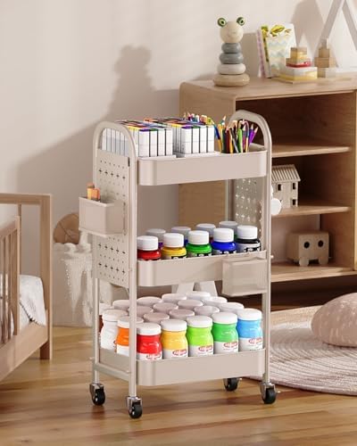 ALVOROG 3 Tier Metal Rolling Utility Cart with Pegboards,Baskets,Hook,Khaki - Image 6