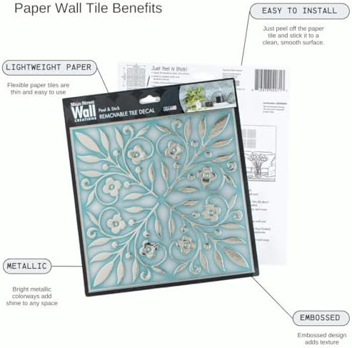 Main Street Peel and Stick Wallpaper Tiles, Teal & Silver Leaves, 24-Pack - Image 4