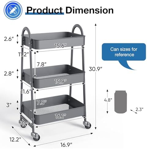 DUMOS 3 Tiers Rolling Cart, Utility Cart, Storage Organizer - Image 2