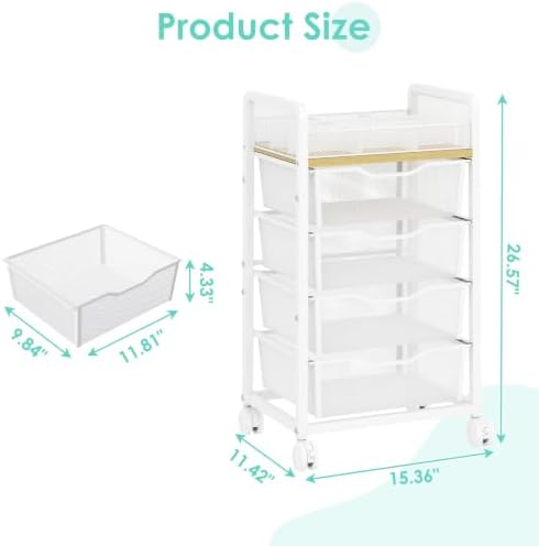 Hongtamoya Rolling Cart with 4 Drawers, Storage Cart with Dividers, White - Image 3