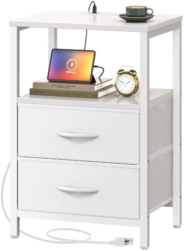 Huuger Nightstand with Charging Station, Side Table with Fabric Drawers by Huuger