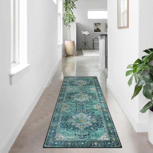 Moynesa Ultra-Thin Washable Runner Rug - 2x7 Teal Hallway Rug Runner Kitchen Carpet Runner, Non Skid Non Shedding Low Pile Bathroom Mat for Apartment Entryway Foyer Vanity RV - Image 3