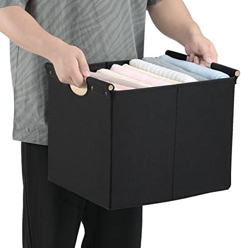 HOONEX Large Collapsible Storage Bins, Linen Fabric, Pack of 2, Storage Baskets with Wooden Carry Handles and Sturdy Heavy Cardboard, for Home, Office, Car, Nursery, Black - Image 3