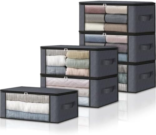 HomeHacks 6-Pack Clothes Organizer Storage Bags Foldable Storage Box with Large Clear Window Sturdy Handles for Closet, Dorm, Pillows, Bedding, Clothes, Stuffed Toys, Blankets, 35L, Grey by HomeHacks