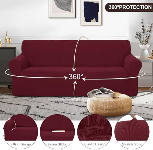 U-NICE HOME Stretch Couch Cover Slipcover for 3 Cushion Sofa, Burgundy - Image 3