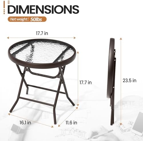 Foldable Side Table with Tempered Glass Top, Brown - Image 2