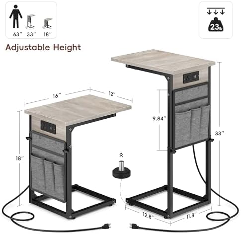 Vagusicc C-Shaped End Tables Set of 2 with Charging Station, 33'' Tall C Table Adjustable Height Side Table, Sofa Table for Couch, Couch Table that Slide Under Sofa, TV Trays for Living Room, Greige - Image 3
