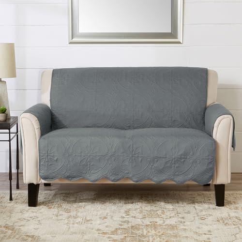 Great Bay Home Reversible Loveseat Cover - Washable Slipcover Furniture Protector with Elastic Straps - Perfect for Kids & Pets - Quilted & Stitched Detail (Mirage Gray/Flax) by GreatBayHome