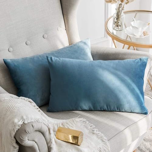MIULEE 12x20 Inch Lumbar Velvet Throw Pillow Covers Blue Gray by MIULEE