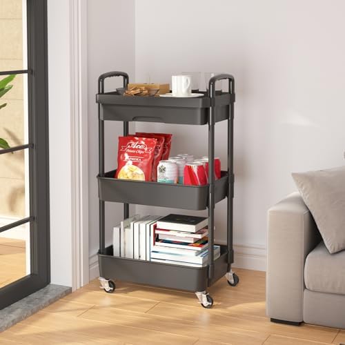 Calmootey 3-Tier Utility Cart with Drawer & Wheels, Storage for Home,Office - Image 4