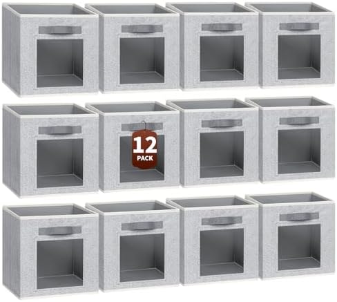 Homsorout Foldable Storage Cubes - Square Organizer with Window, Decorative Baskets for Organizing, Fabric shelf Basket for Clothes, 11 Inch Closet Storage Cubes, Set of 12, Light Grey by Homsorout