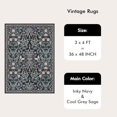 Puino 3x4 Washable Area Rug - Non Slip Vintage Throw Rugs Floral Dark Blue - Image 2