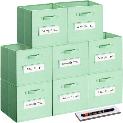 13x13x13 storage cube bins(Set of 8) Fabric storage cubes with 8 Labels Window Cards & a Pen, storage cubes 13x13, Collapsible 13 inch cube storage bins, Cubby Organizer Boxes, Grass Green by Artsdi