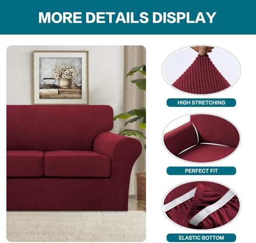Turquoize 4 Piece Sofa Covers for 3 Cushion Couch Sofa Slipcover Soft Couch Cover for Dogs Washable Furniture Cover with 3 Individual Large Cushion Covers Feature Fabric (Large Sofa, Burgundy) - Image 4